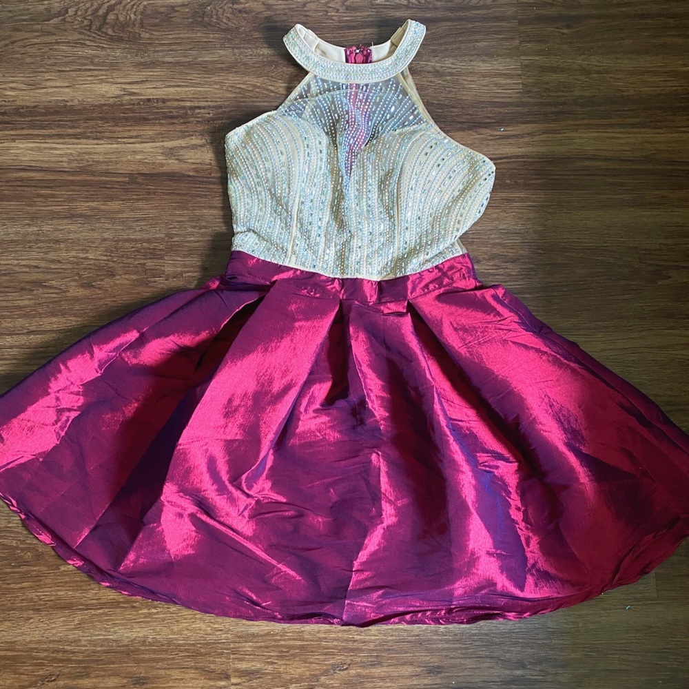 cream and red halter top dress with embroidered silver rhinestones